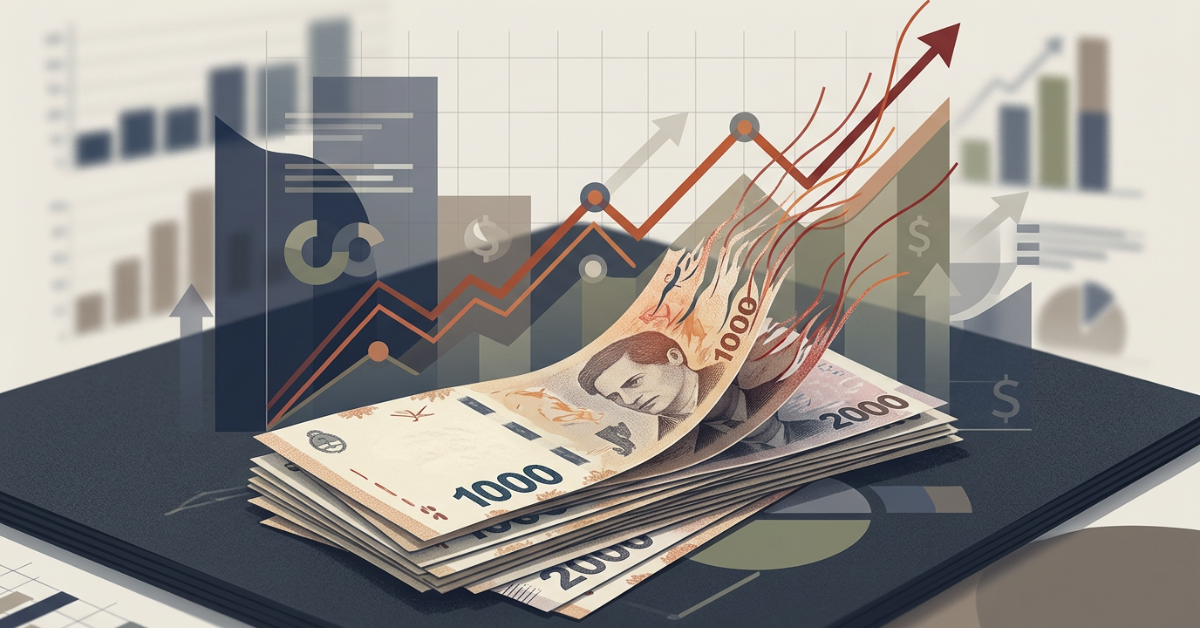 Ilustración del peso argentino con gráfico ascendente que representa la inflación en Argentina