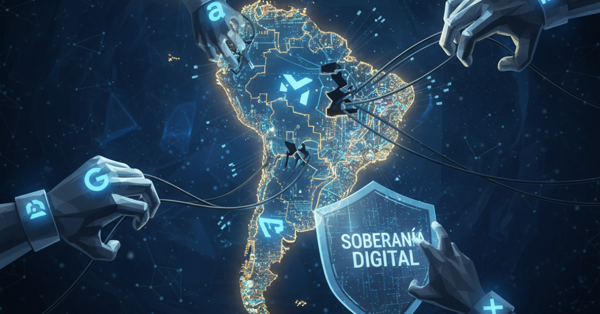 Mapa digital de América Latina formado por circuitos luminosos y cables de datos, que simboliza la soberanía digital frente al poder de las Big Tech.