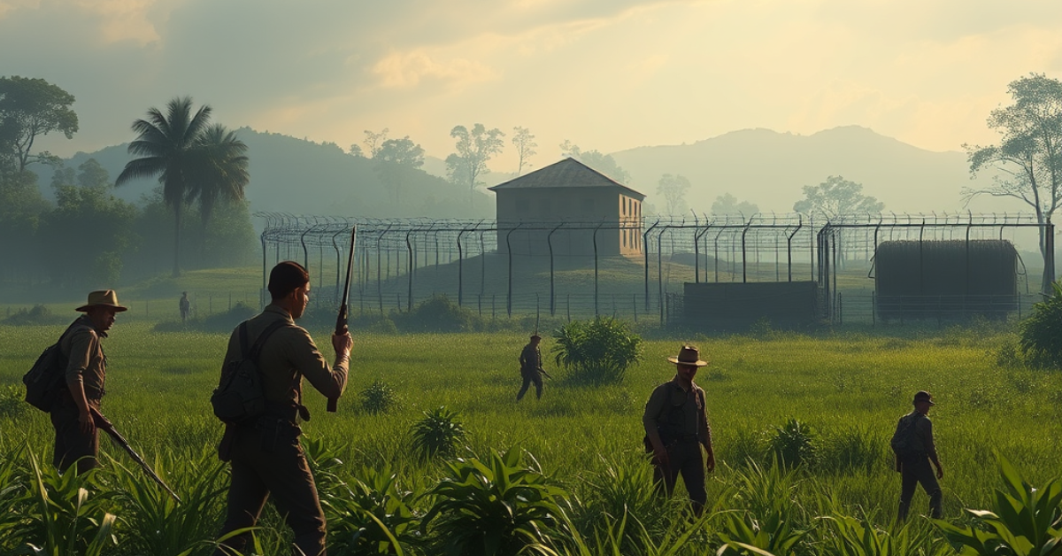 Soldados españoles vigilan un campo de concentración en Cuba durante la reconcentración de Valeriano Weyler.