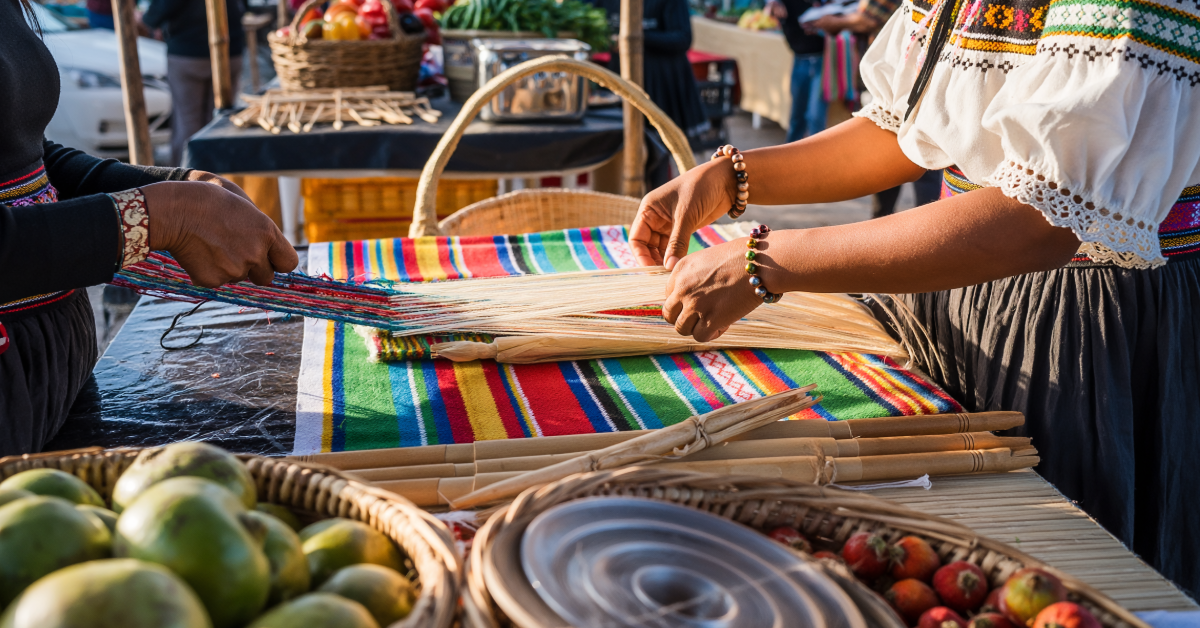 Mujeres latinoamericanas trabajando artesanías en un mercado local, representando la conexión entre cultura ancestral y economía local.