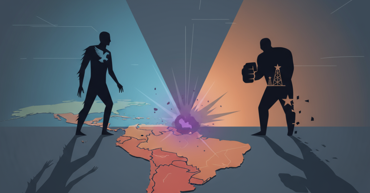 Ilustración conceptual sobre la influencia de Estados Unidos en América Latina y la situación de Venezuela.