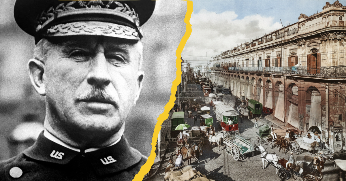 Retrato del general Leonard Wood junto a una fotografía histórica de Cuba a inicios del siglo XX.