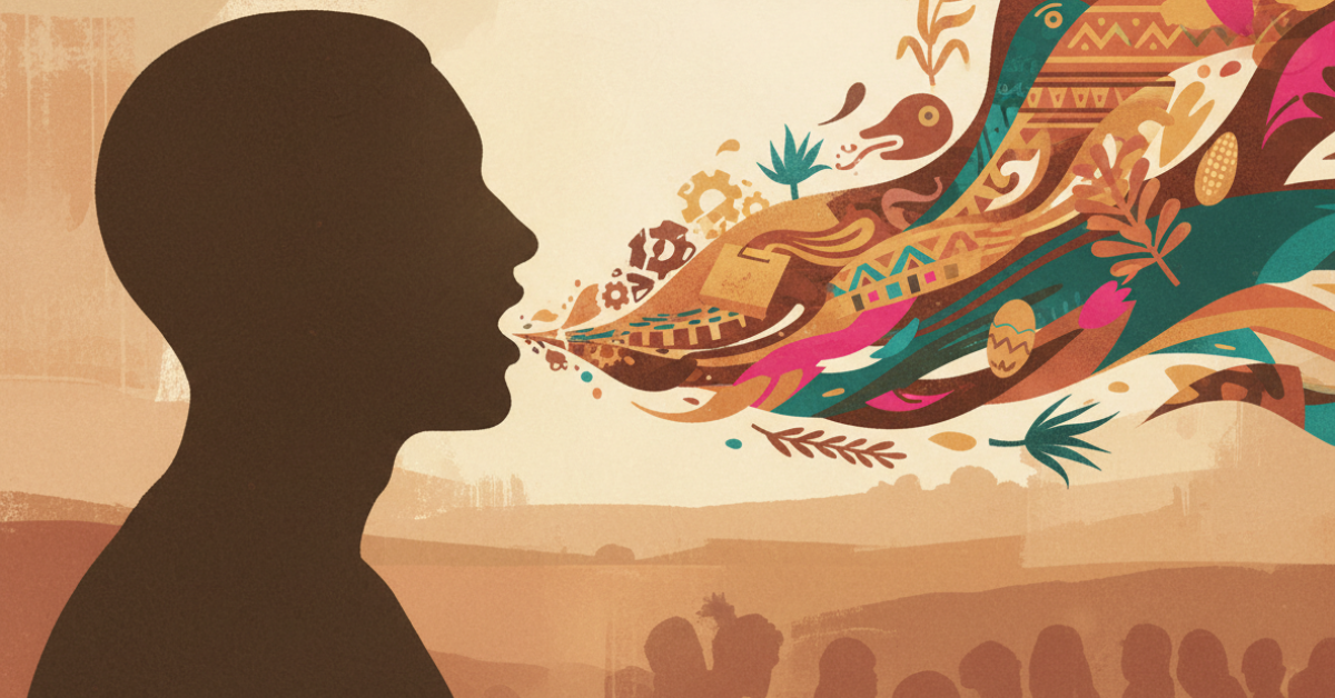 Ilustración conceptual de una silueta humana cuya voz se transforma en formas culturales y abstractas, representando el lenguaje como herramienta de transformación social.