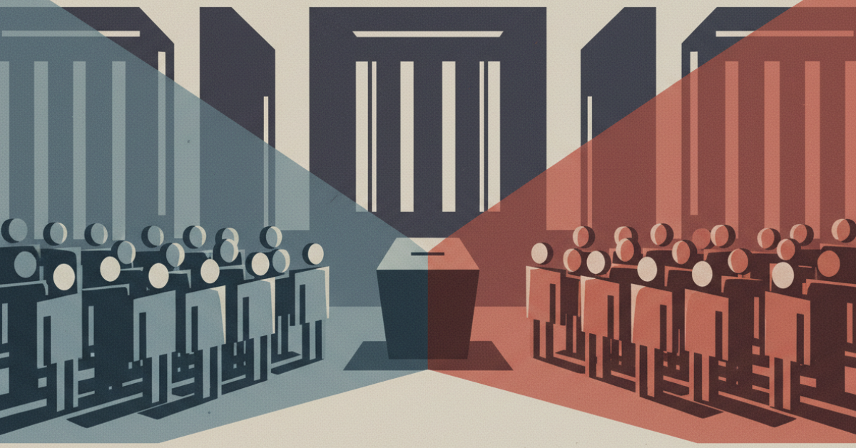 Ilustración simbólica de la polarización política en Chile, con votantes divididos y una urna electoral al centro