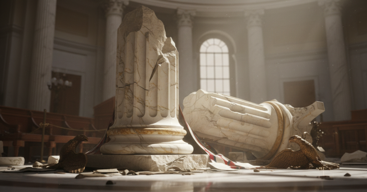 Columnas de mármol derrumbadas dentro de un edificio gubernamental, simbolizando la caída del poder político y la rendición de cuentas.