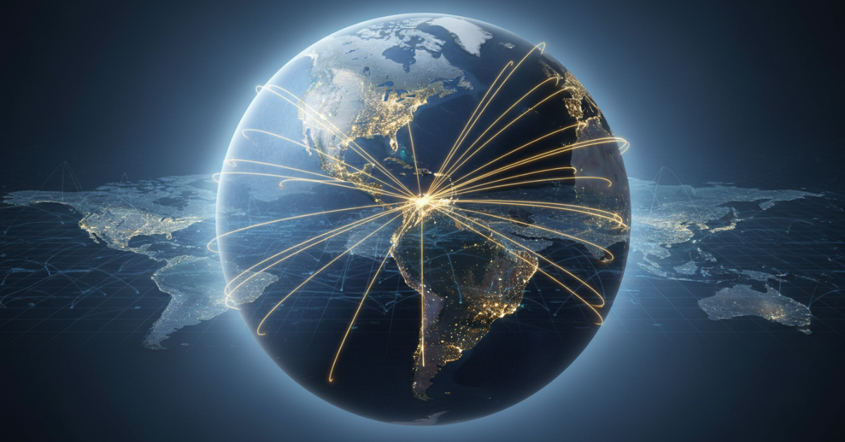Rutas comerciales entre Europa y América del Sur representadas en un globo digital, ilustrando el acuerdo UE–Mercosur 2026