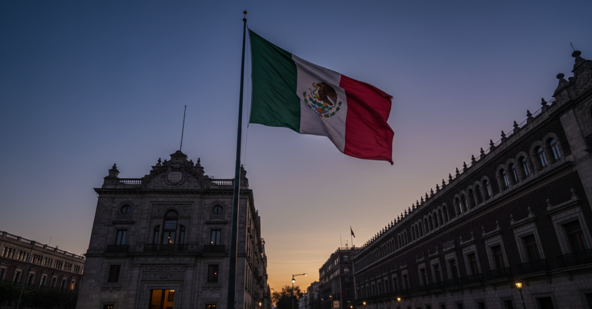 Bandera de México ondeando frente a edificios gubernamentales en Ciudad de México al atardecer, representando la estrategia de seguridad en México.