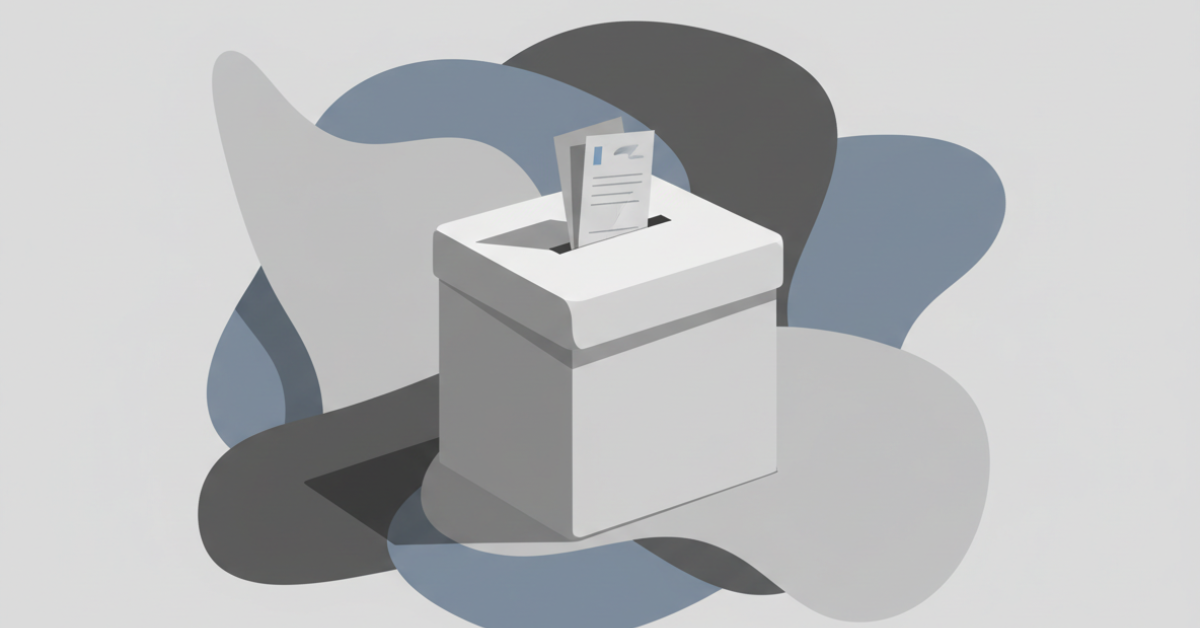 Ilustración abstracta de una urna con una papeleta parcialmente introducida, que representa el voto obligatorio y la incertidumbre electoral en Chile.