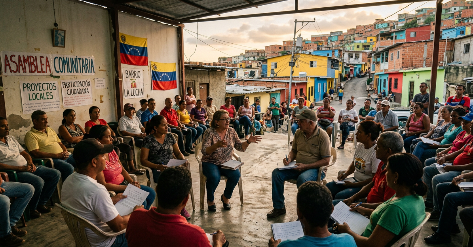 Asamblea comunitaria en un barrio venezolano donde vecinos discuten proyectos locales y participación ciudadana