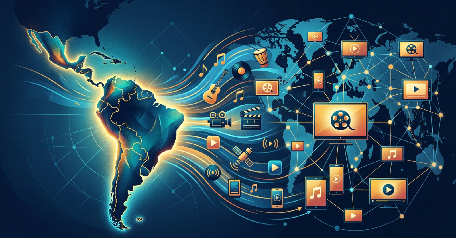 Ilustración del mapa de América Latina proyectando música, cine y contenido digital hacia una red global de plataformas de streaming y medios digitales.