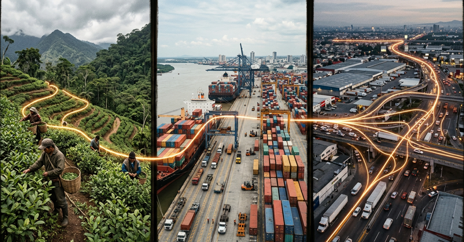 Diagrama visual de las rutas del narcotráfico en América Latina que conecta producción en Colombia, logística portuaria y distribución urbana