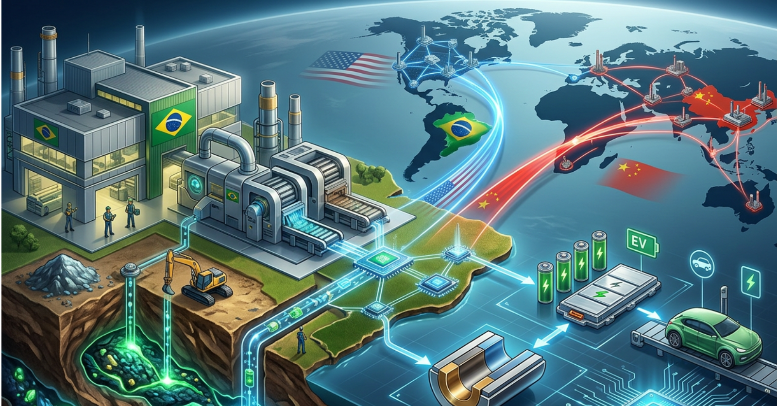 Ilustración sobre la industria de tierras raras en Brasil, mostrando minería, procesamiento industrial y competencia geopolítica entre Estados Unidos y China.