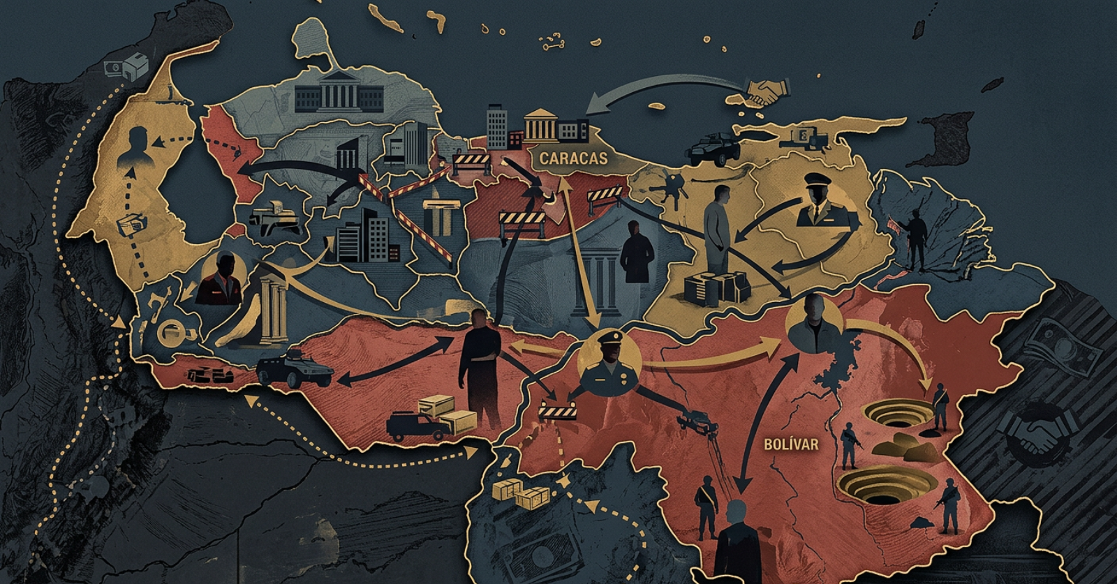 Mapa conceptual de Venezuela que representa la gobernanza criminal, el control territorial de grupos armados, economías ilícitas, minería ilegal en Bolívar y dinámicas de contrabando en regiones fronterizas.